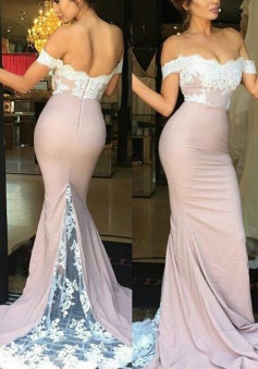 Mermaid  Off-the-Shoulder Sweep Train Pink Bridesmaid Dress with Appliques