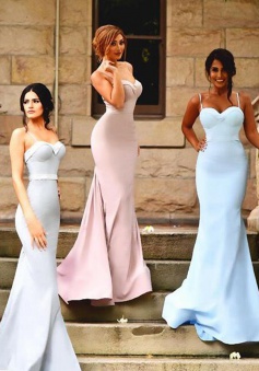 Simple Sweetheart Sweep Train Mermaid Bridesmaid Dress with Sash Ruffles Spaghetti Straps