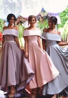 Special Off Shoulder Lapel Hi-Low Pink Bridesmaid Dress Ruched with Sash