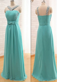 Stylish V-neck Floor-Length Turquoise Bridesmaid Dress with Beading Bow