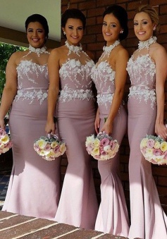 Elegant Halter Mermaid Blush Bridesmaid Dress with Appliques Sash