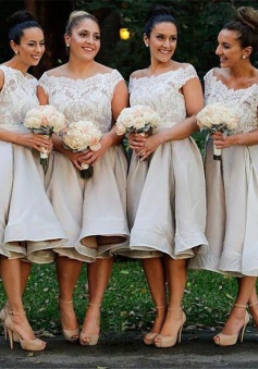 Stunning Off Shoulder Cap Sleeves Mid-Calf Light Grey Organza Bridesmaid Dress with Lace