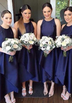 Simple Tea-Length Jewel Sleeveless Navy Blue Tiered Bridesmaid Dress