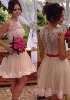 Stylish Jewel Sleeveless Short Blush Bridesmaid Dress with Sash Illusion Back Lace Top
