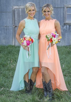 Delicate Bateau Sleeveless Asymmetry Mint/Peach Bridesmaid Dress with Appliques