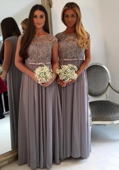 Stunning Bateau Cap Sleeves Floor-Length Grey Bridesmaid Dress with Sash Lace Top