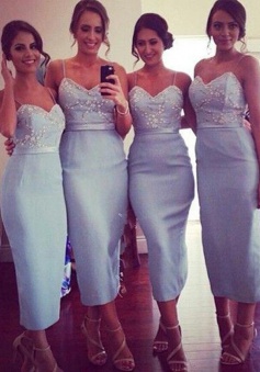 Trendy Spaghetti Straps Sheath Light Blue Bridesmaid Dress with Beading Sash
