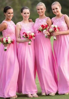 High Quality Bateau Sleeveless Floor-Length Hot Pink Bridesmaid Dress with Lace