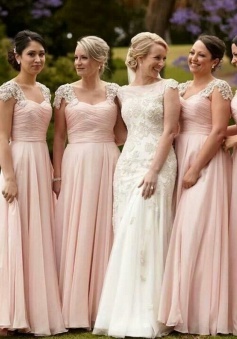 Stunning Scoop Cap Sleeves Floor-Length Pink Chiffon Bridesmaid Dress with Beading