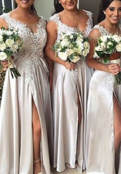 Hot Selling A-Line Scoop Sleeveless Split Front Appliques Long Bridesmaid Dress