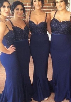 Glamorous Spaghetti Straps Sleeveless Beading Mermaid Long Bridesmaid Dress