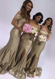 Fabulous Strapless Short Sleeves Long Sequins Bridesmaid Dress with Ruffles Legslit