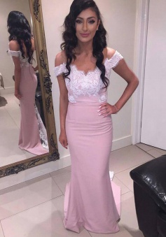 Elegant Off Shoulder Short Sleeves Sweep Train Pink Mermaid Bridesmaid Dress with Lace Top