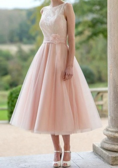 Simple Bateau Sleeveless Tea-Length Flower Pearl Pink Prom Dress with Lace