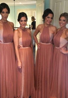 Special Crew Neck Sleeveless Floor Length Ruched Blush Bridesmaid Dress with Sash