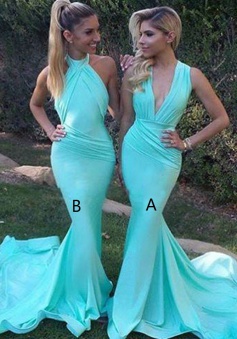 Mermaid Deep V-Neck Sweep Train Mint Bridesmaid Dress with Ruched