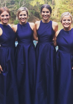 Simple Jewel Sleeveless Long Dark Blue Bridesmaid Dress with Sash Pleated