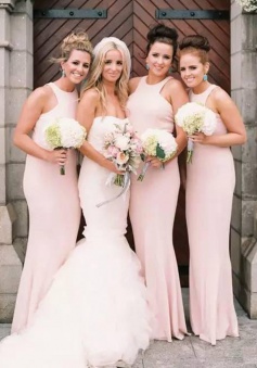 Decent Mermaid Jewel Sleeveless Floor Length Pearl Pink Bridesmaid Dress