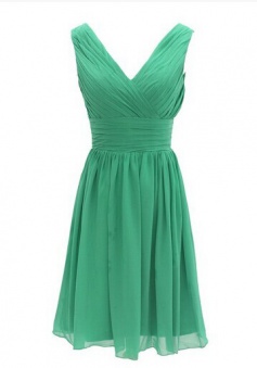 New Style V Neck  Knee Length Pleats Chiffon Green Bridesmaid Dress 