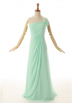 New Style A-line One Shoulder Floor Length Chiffon Mint Bridesmaid Dress With Ruched