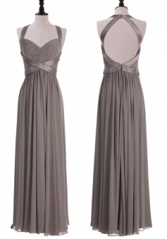 Timeless Halter A-line Floor Length Chiffon Grey Backless Bridesmaid Dress With Ruched