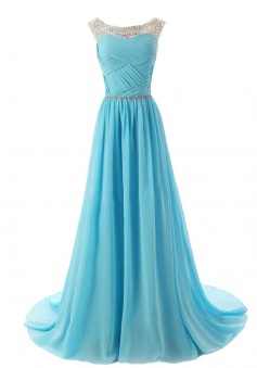 A-Line Scoop Sweep Train Chiffon Blue Bridesmaid/Prom Dress With Beading