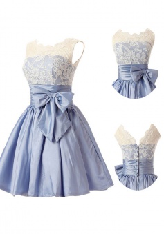 Fashion A-line Scoop Short Taffeta Blue Homecoming/Bridesmaid Dress With Bowknot