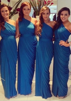 Simple & Casual Royal Blue One Shoulder Ruffles Long Bridesmaid Dresses CHBD-70950