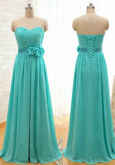 Classic A-Line Sweetheart Floor Length Blue Bridesmaid Dress with Flower