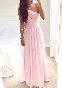 Elegant One-shoulder Long Pink Chiffon Cheap Bridesmaid Dress