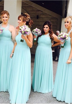 Elegant Halter Ruffles A-line Floor-length Mint Bridesmaid Dresses CHBD-71142