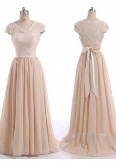 Gorgeous A-Line V-Neck Floor Length Cap Sleeves Pink Bridesmaid Dress with Ruched