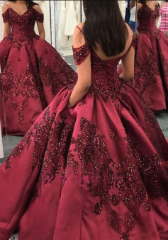 Off the Shoulder Burgundy Stain Prom Dresses With Lace