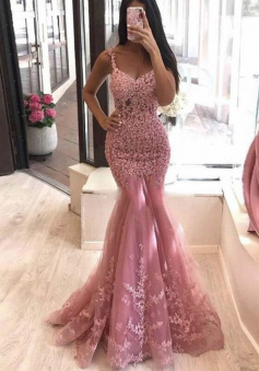 Mermaid V-neck Sleeveless Sweep/Brush Train Prom Dresses With Lace Applique
