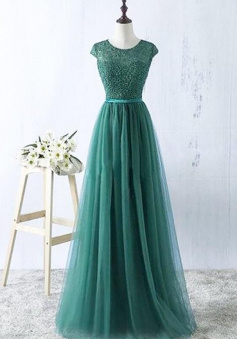 A-Linex Sleeveless Scoop Floor-Length Tulle Prom Dresses