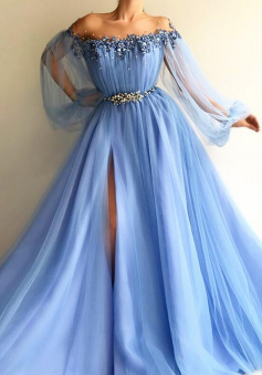 Floor-Length Princess Off-the-Shoulder Tulle Prom Dresses With Long Sleeves