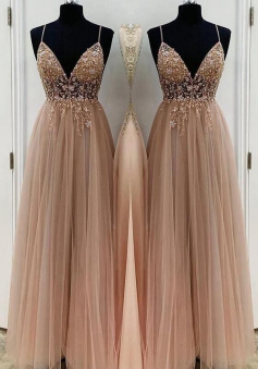 A-Line Tulle Sleeveless Prom Dresses With Beading