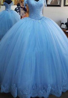 Off-the-Shoulder Floor Length Ball Gown Tulle Prom Dresses