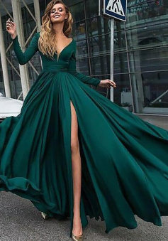 Floor-Length Princess V-Neck Ruffles Satin Chiffon Prom Dresses With Long Sleeves