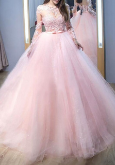 Ball Gown Jewel  Lace Tulle Prom Dresses With Long Sleeves