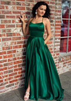 A-Line Straps Sleeveless Ruffles Satin Backless Prom Dresses