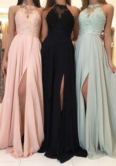 A-Line Halter Applique Sleeveless Chiffon Prom Dress