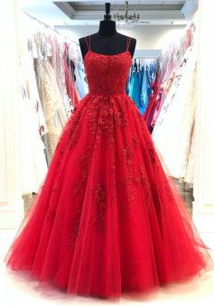 A Line Scoop Red Tulle Long Prom Dress With Lace Appliques