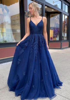 A Line Dark Navy Sweetheart Backless Prom Dresses