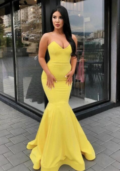 Sexy Mermaid Yellow Sweetheart Satin Long Prom Evening Dresses