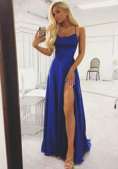 A Line Royal Blue Backless Prom Dresses With Side Slit