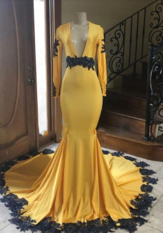 Mermaid Deep V-neck Long Sleeve Yellow Prom Dresses