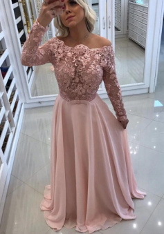 Elegant A Line Chiffon Blushing Pink Lace Prom Dresses With Long Sleeves