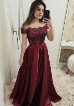 Elegant A-Line Off-The-Shoulder Burgundy Satin Prom Dresses With Bowknot