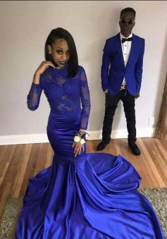 Mermaid Royal Blue Elastic Satin Prom Dresses With Long Sleeves